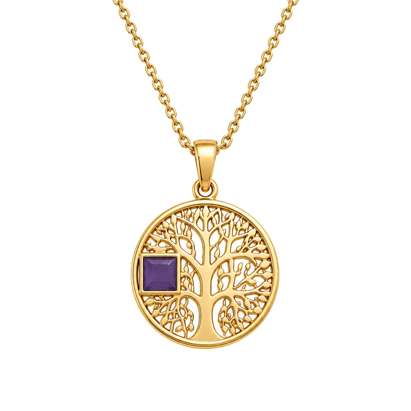 Tree of Life pendant in 14k gold with amethyst Nano Bible chip